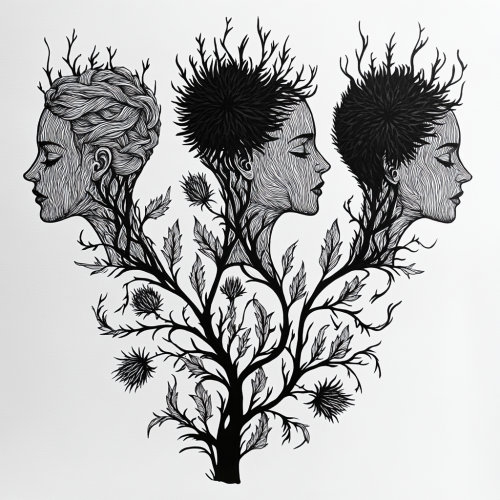 Detailed black ink illustration of three women's heads