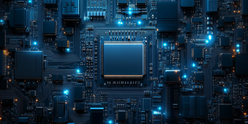 Detailed blue motherboard with complex circuitry and components. Detailed blue motherboard with complex circuitry and components.