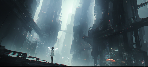 Detailed dystopian cityscape with angelic girl flying above. Detailed dystopian cityscape with angelic girl flying above.