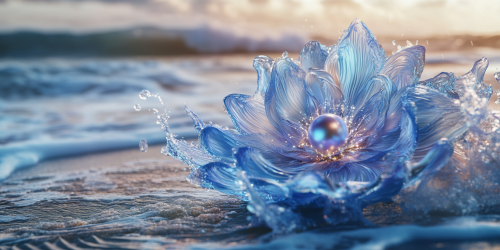 Detailed floating blue oceanflower with shiny pearl on beach.