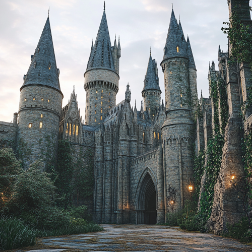 Detailed high-res image showcases Hogwarts Castle's grandiose medieval architecture.