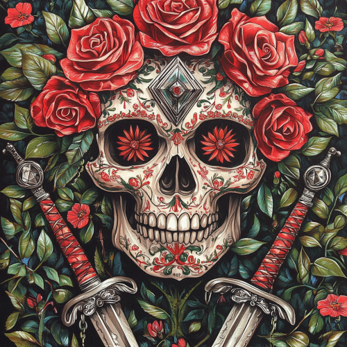 Detailed illustration of skull with roses and swords.