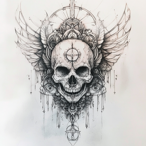 Detailed tattoo design symbolizing spiritual transformation, interconnection, rebirth. Incorporate geometric shapes.