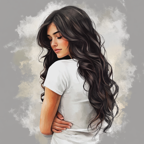 Detailed watercolor of girl with long hair in pain