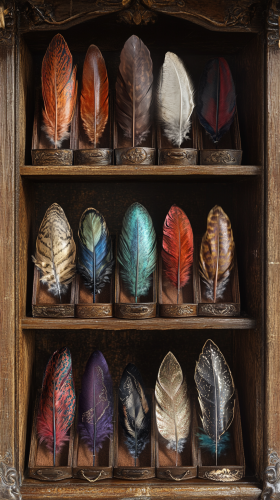 Different animals' magical feathers displayed on shelf