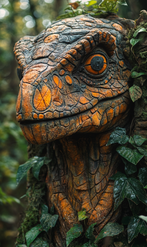 Dinosaur sculpture in dense forest with ancient artistry.