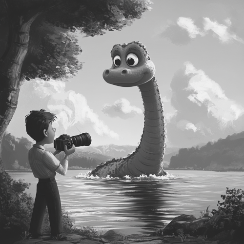 Disney-style Loch Ness Monster and surprised photographer