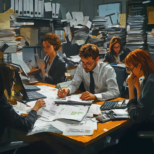 Disorganized Bookkeepers Struggle in Chaotic Office Setting