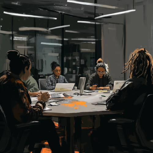 Diverse coworkers collaborate in modern workplace scene