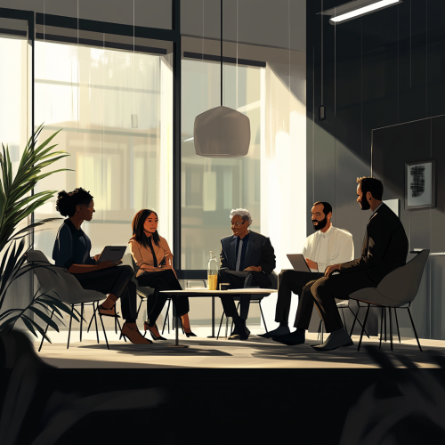 Diverse employees engage in modern office setting