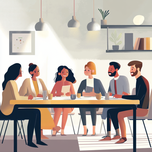 Diverse group of professionals collaborating in a meeting.