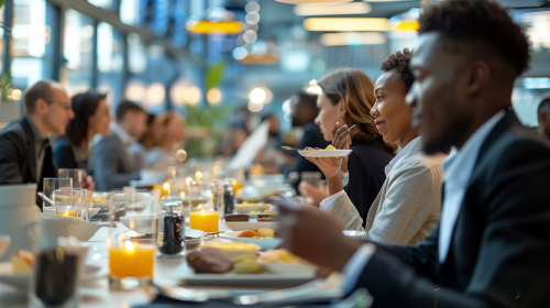 Diverse professionals engage in high-tech breakfast meeting.