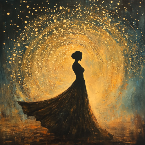 Divine feminine figure in majestic, empowering stance. Ethereal setting.