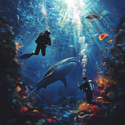 Diving with whale shark in sunny ocean.