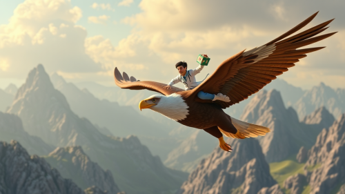 Doctor Flying on Giant Eagle through Mountains in Pixar