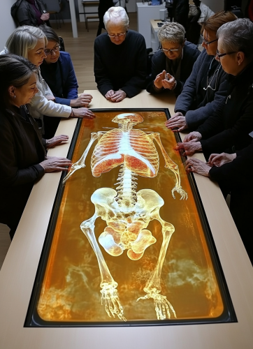 Doctors studying large holographic body at round table