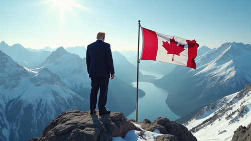 Donald Trump Overlooking Snowy Valley with Canadian Flag