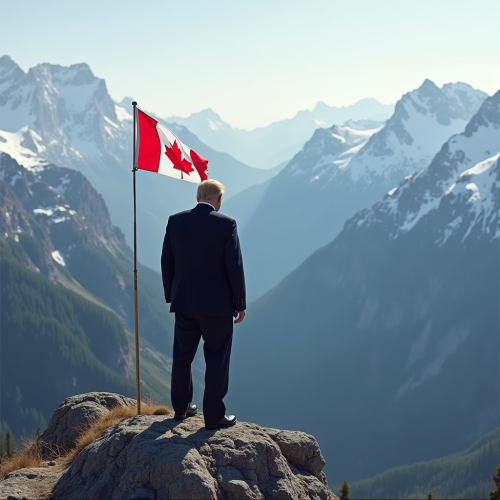 Donald Trump Overlooks Snowy Valley with Canadian Flag