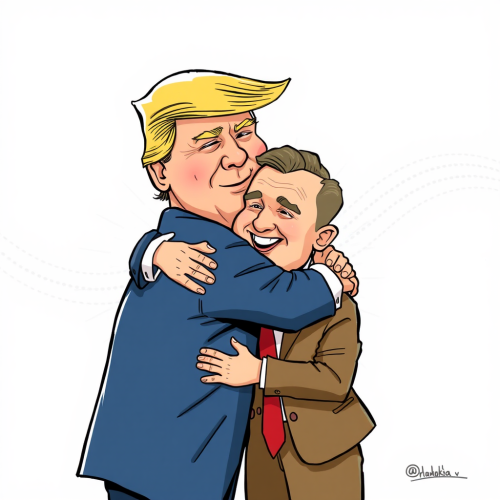 Donald Trump hugs Volodymyr Zelenskyy in cartoon