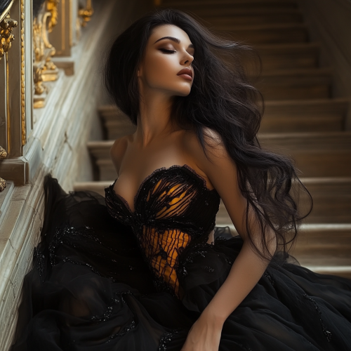 Donna elegante con abito da sera ambra e velo.