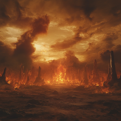 Doom-inspired landscape with hellfire, destruction, and monoliths