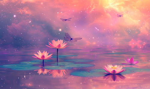 Dragonflies flying under starry sky, water lilies falling
