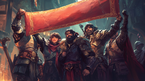 Dramatic lighting on detailed A.I. D&D characters holding banner