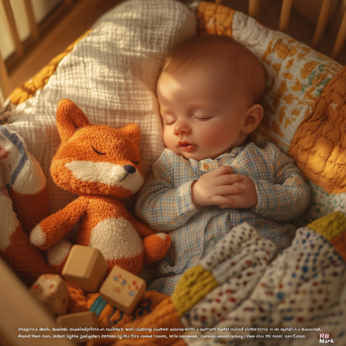 Dreamy photo of sleeping baby with stuffed fox.