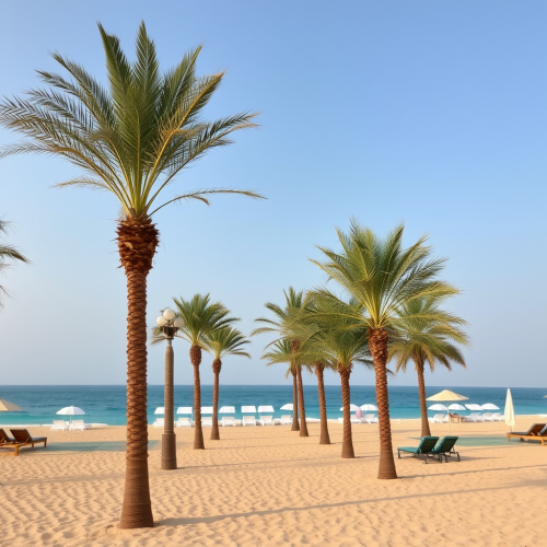 Dubai Beach with Palm Trees and Sun Loungers