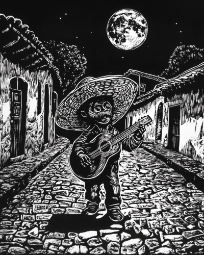 Dwarf Playing Guitar under Moon in Antigua Guatemala