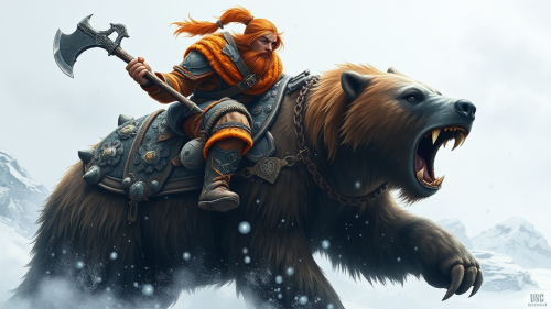Dwarf Warrior Riding Armored Polar Bear in Snow