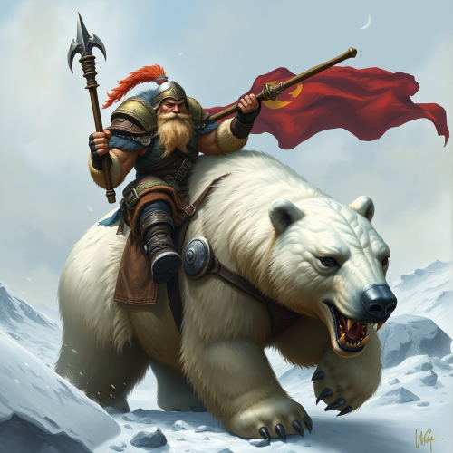 Dwarf Warrior Riding an Armored Polar Bear