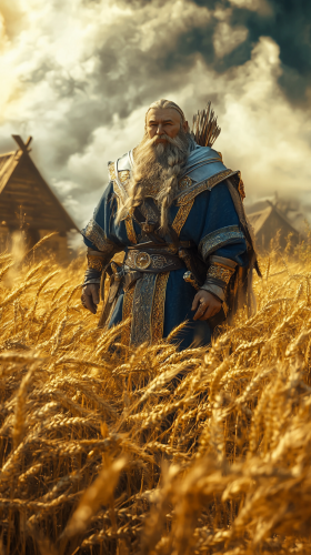 Dwarf priest in field of wheat with burnt village.