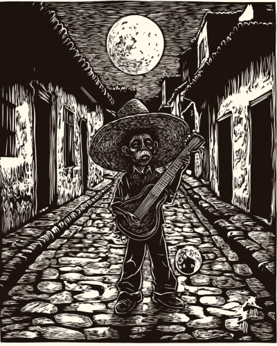 Dwarf with Guitar in Moonlit Guatemalan Street