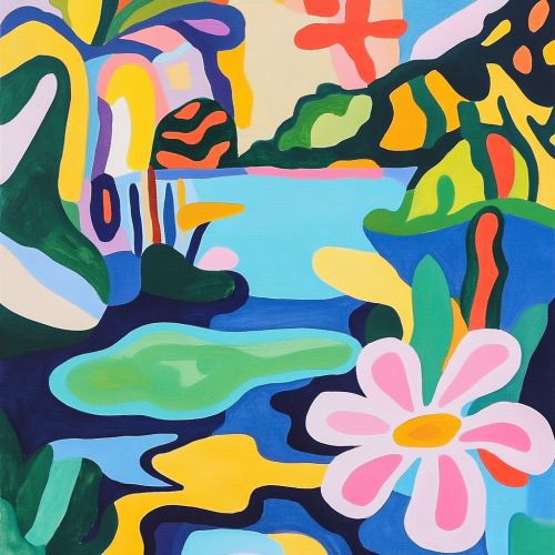 Dynamic lake with colorful flowers inspired by Matisse style. Dynamic lake with colorful flowers inspired by Matisse style.