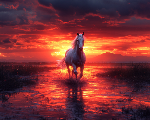 Dynamic painting of white horse in sunset.