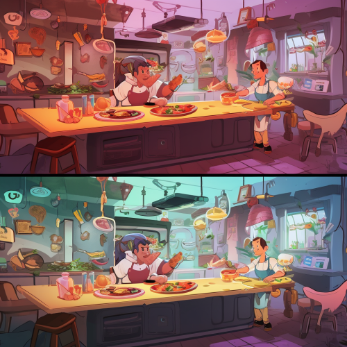 Dynamic scene split in two parts: player cooking.