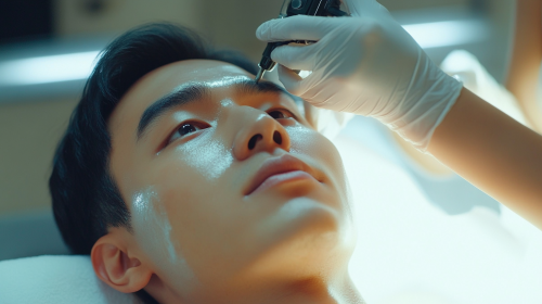 East Asian man having blackhead removal at beauty salon.