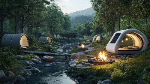 Eco-friendly campsite with solar tents and modern campfire