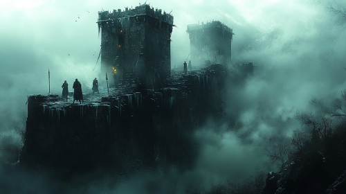 Eerie Watchtower Guards Stand in Frosty Forest