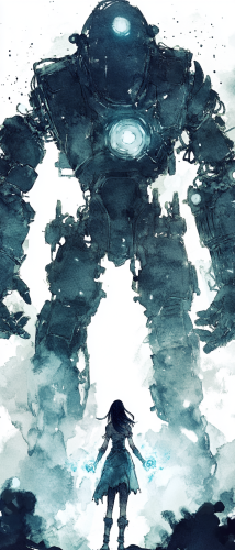 Eerie female adventurer with metal golem in dark fantasy.