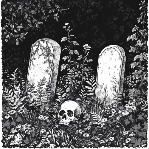 Eerie graveyard scene with playful yet unsettling elements