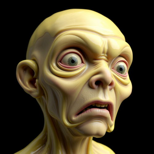 Eerie humanoid figure with bulging eyes in shock.