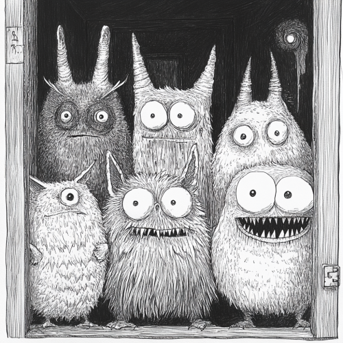 Eerie monsters gather in dimly lit hallway