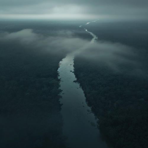 Eerie river shrouded in foggy silence at dawn.