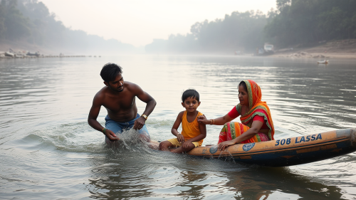 Eknath Shinde and his children boating in the river.
