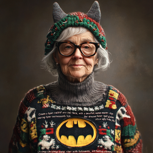 Elderly Woman in Unique Batman Christmas Sweater Portrait