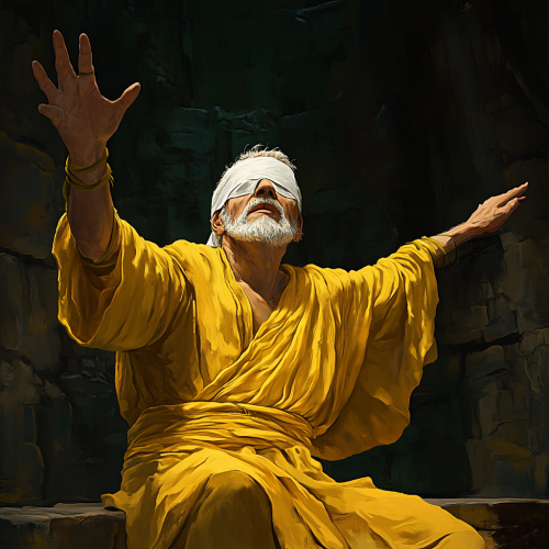 Elderly man in yellow robe with white bandage.