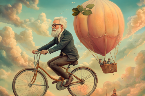 Elderly man with glasses and beard in flying peach.