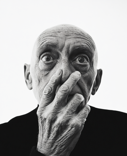 Elderly man with shaved head touches nose solemnly